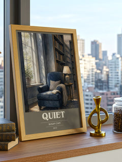 Quiet book cover print framed by window – literary home decor