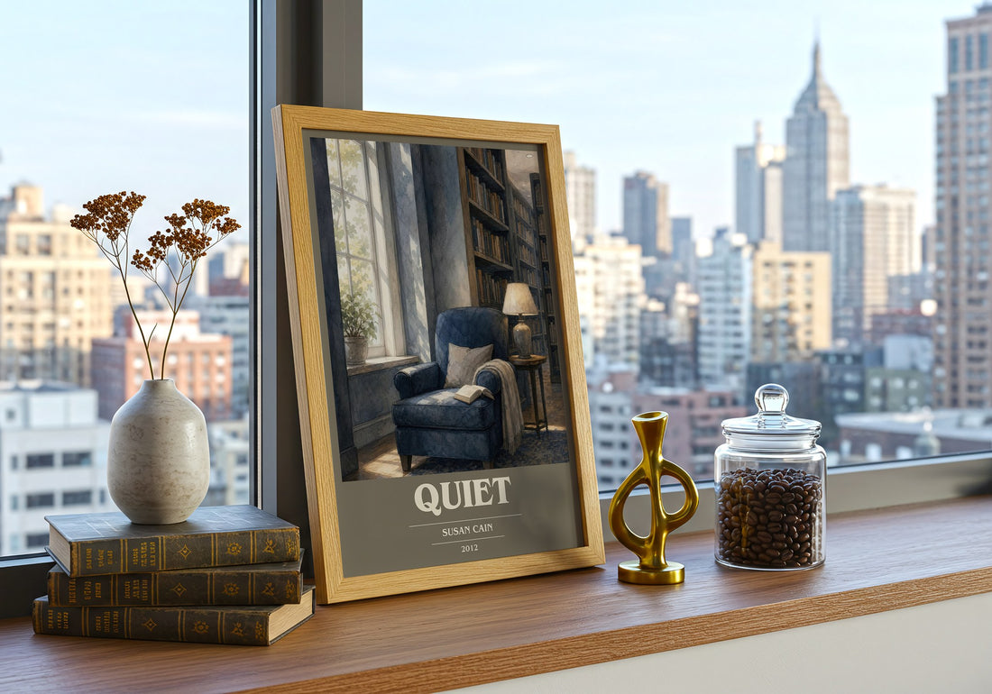 Quiet book cover print framed by window – literary home decor