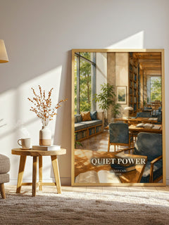 Quiet power watercolour print in frame leaning in hallway – non fiction wall art