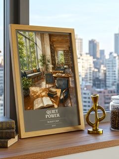 Quiet power book cover print framed by window – literary home decor