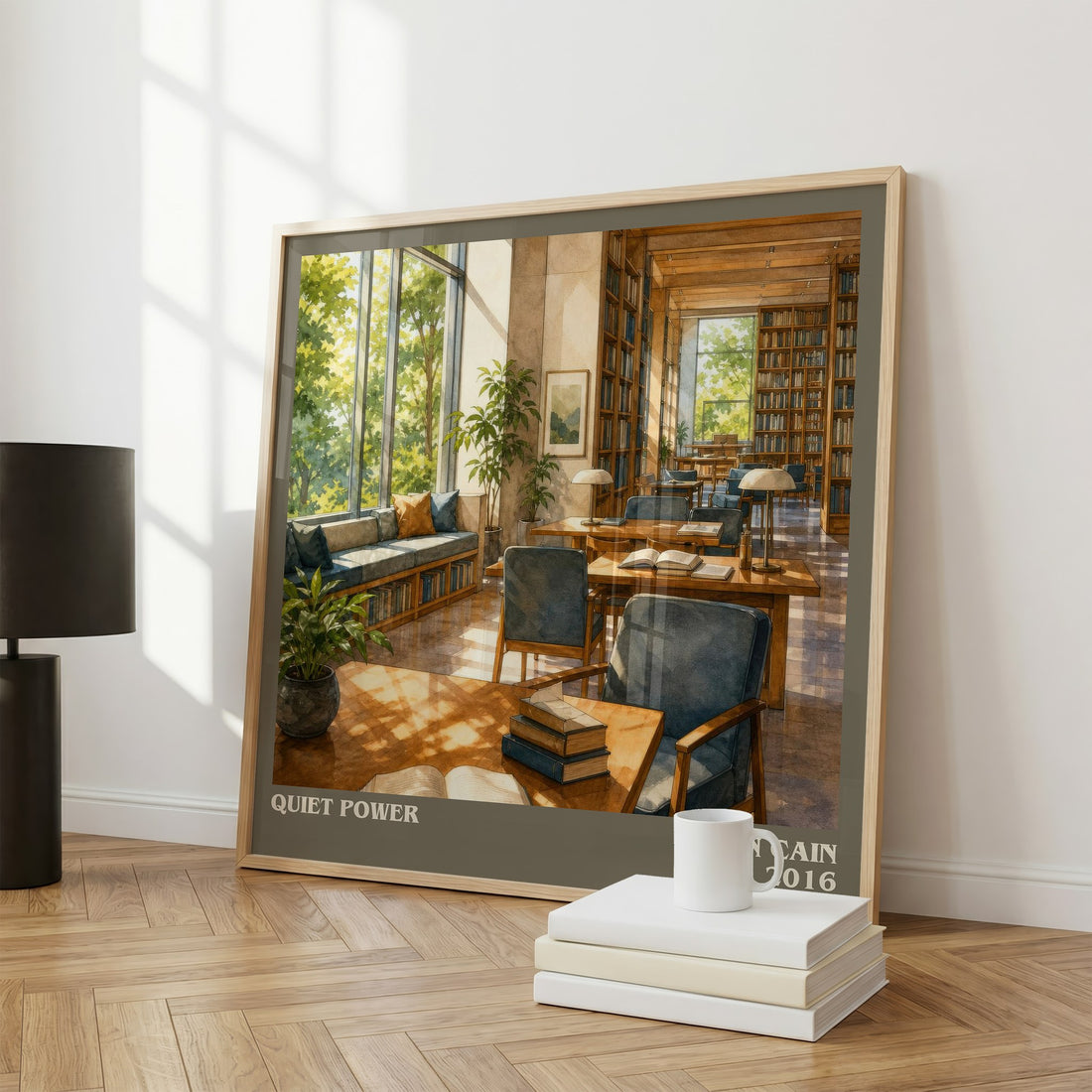 Quiet power literary print framed by window – literary home decor
