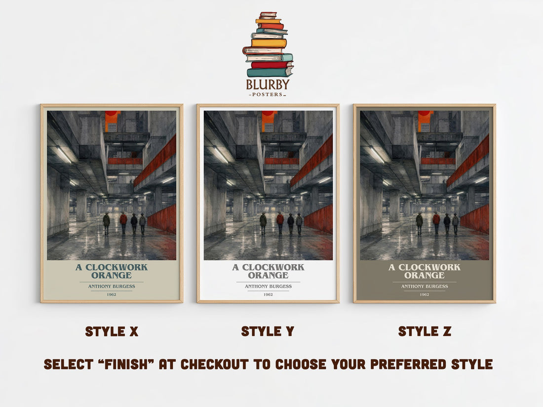 A Clockwork Orange book cover print in frame leaning in hallway – dystopian wall art (mockup)