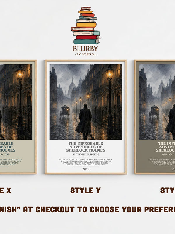 The Improbable Adventures of Sherlock Holmes bookish print in frame leaning in hallway – mystery wall art