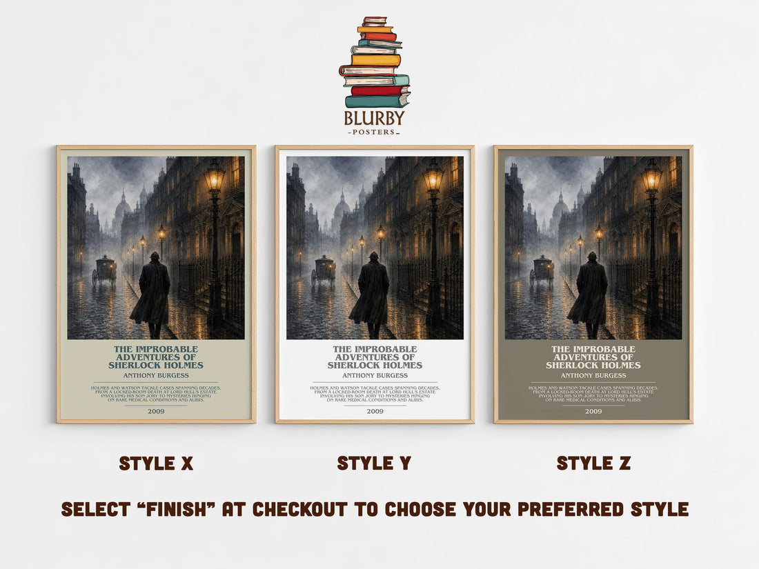 The Improbable Adventures of Sherlock Holmes bookish print in frame leaning in hallway – mystery wall art (mockup)
