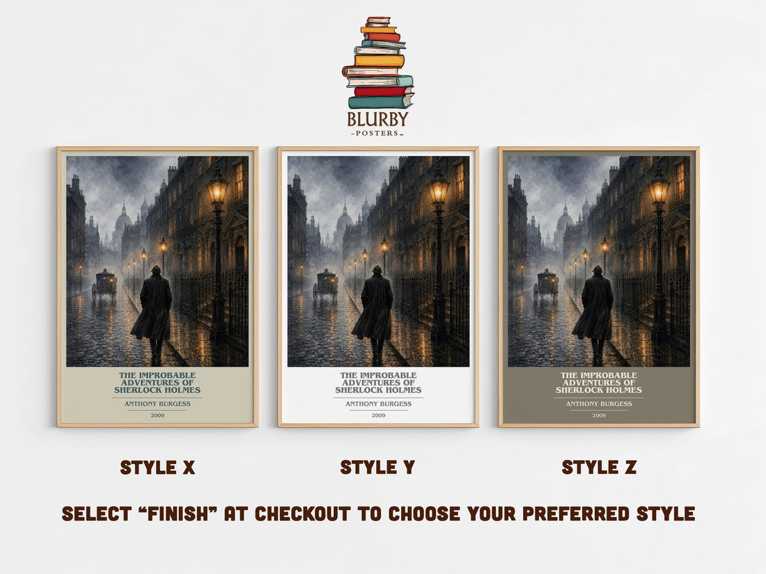 The Improbable Adventures of Sherlock Holmes book cover print in frame leaning in hallway – mystery wall art (mockup)