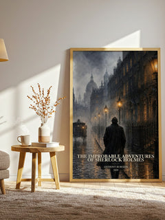 The Improbable Adventures of Sherlock Holmes watercolour print in frame leaning in hallway – mystery wall art