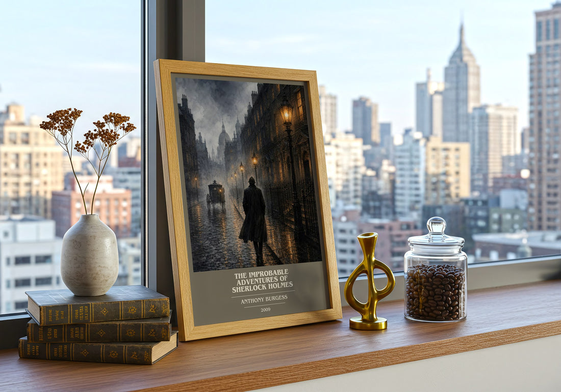 The Improbable Adventures of Sherlock Holmes book cover print framed by window – literary home decor