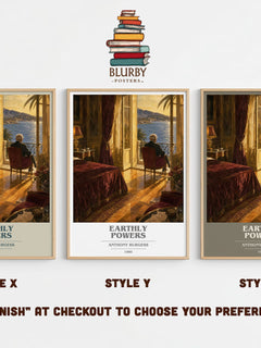 Earthly Powers book cover print in frame leaning in hallway – literary fiction wall art