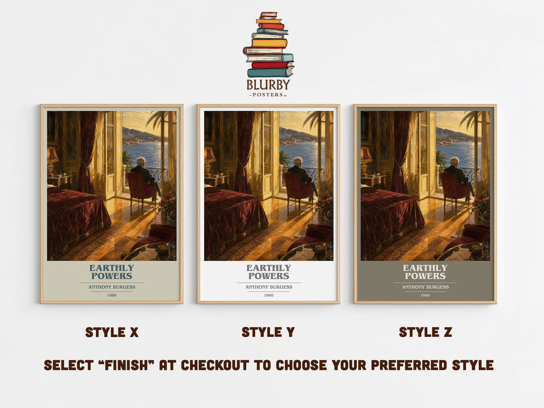 Earthly Powers book cover print in frame leaning in hallway – literary fiction wall art (mockup)