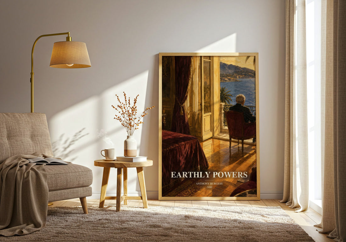 Earthly Powers watercolour print in frame leaning in hallway – literary fiction wall art