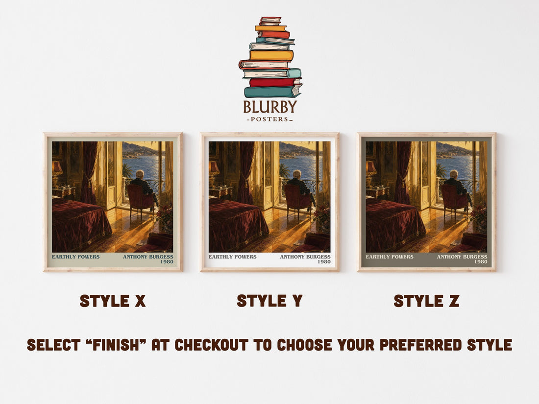Earthly Powers literary print in frame leaning in hallway – literary fiction wall art (mockup)