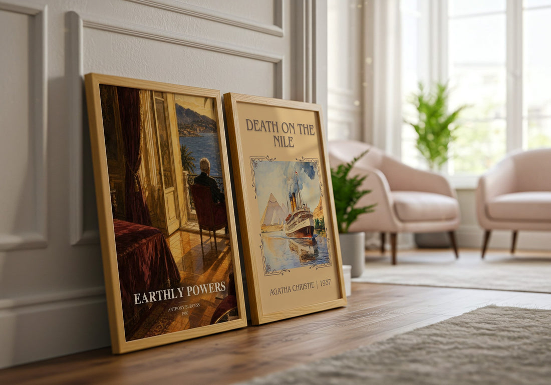 Earthly Powers watercolour print framed by window – literary home decor