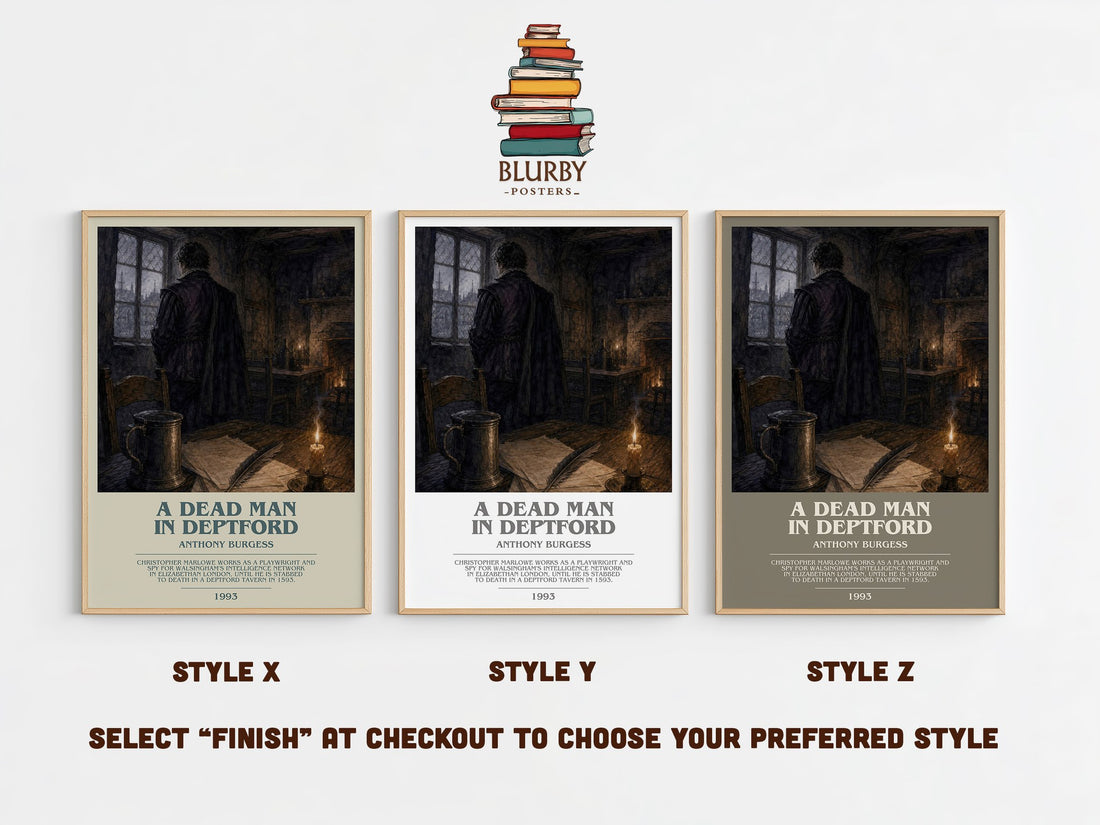 A Dead Man in Deptford bookish print in frame leaning in hallway – historical fiction wall art (mockup)