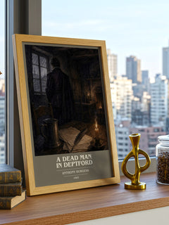 A Dead Man in Deptford book cover print framed by window – literary home decor