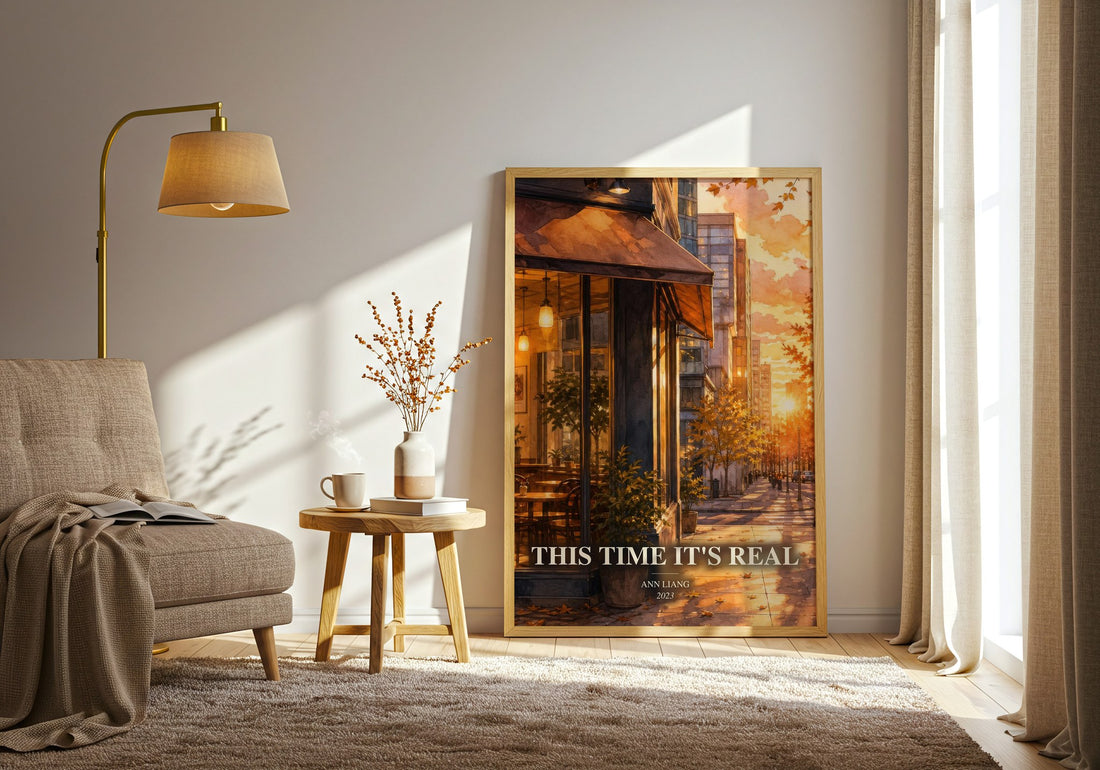 This Time It's Real watercolour print in frame leaning in hallway – young adult wall art
