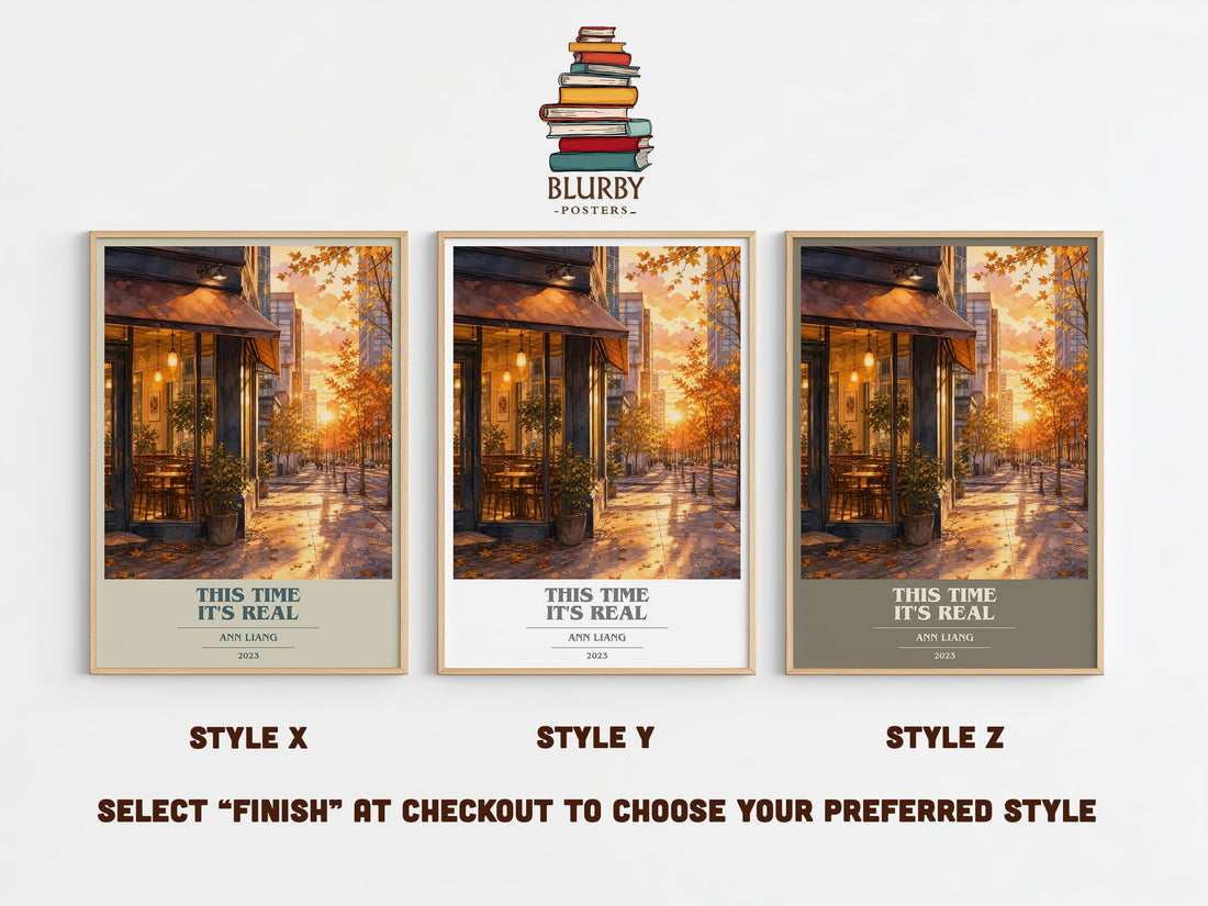 This Time It's Real book cover print in frame leaning in hallway – young adult wall art (mockup)