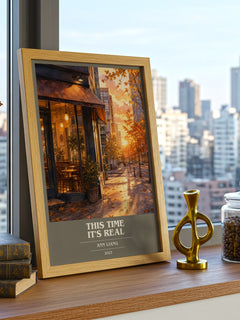 This Time It's Real book cover print framed by window – literary home decor