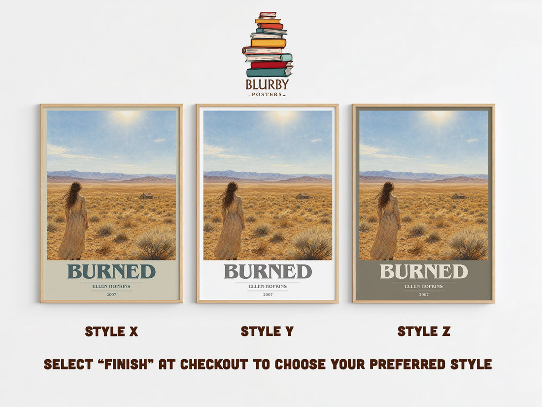 Burned book cover print in frame leaning in hallway – young adult wall art (mockup)