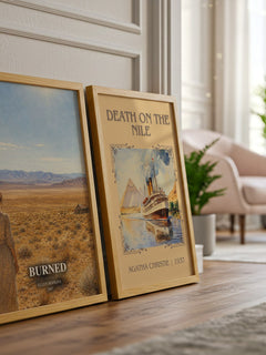 Burned watercolour print framed by window – literary home decor
