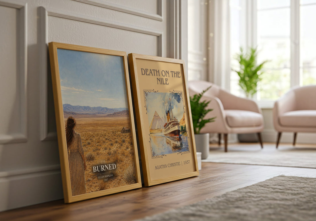 Burned watercolour print framed by window – literary home decor