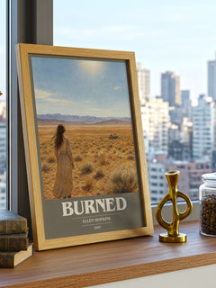 Burned book cover print framed by window – literary home decor
