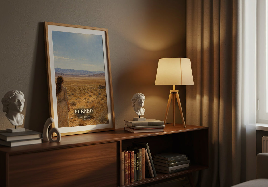 Burned watercolour print on bookshelf – Ellen Hopkins fan gift