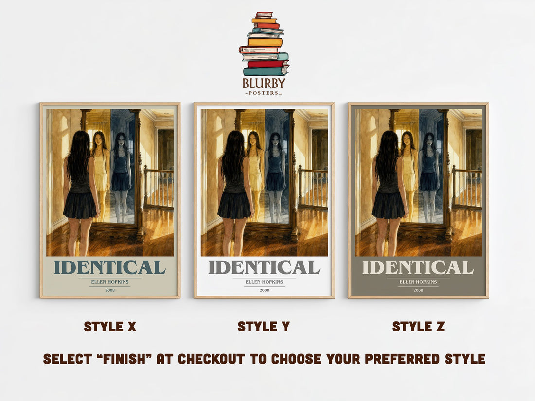 Identical book cover print in frame leaning in hallway – young adult wall art (mockup)