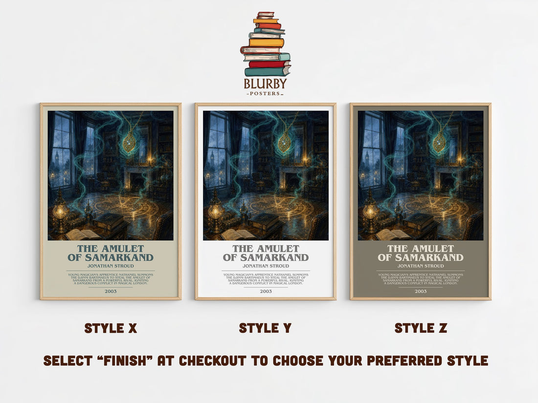 The Amulet of Samarkand bookish print in frame leaning in hallway – fantasy wall art (mockup)