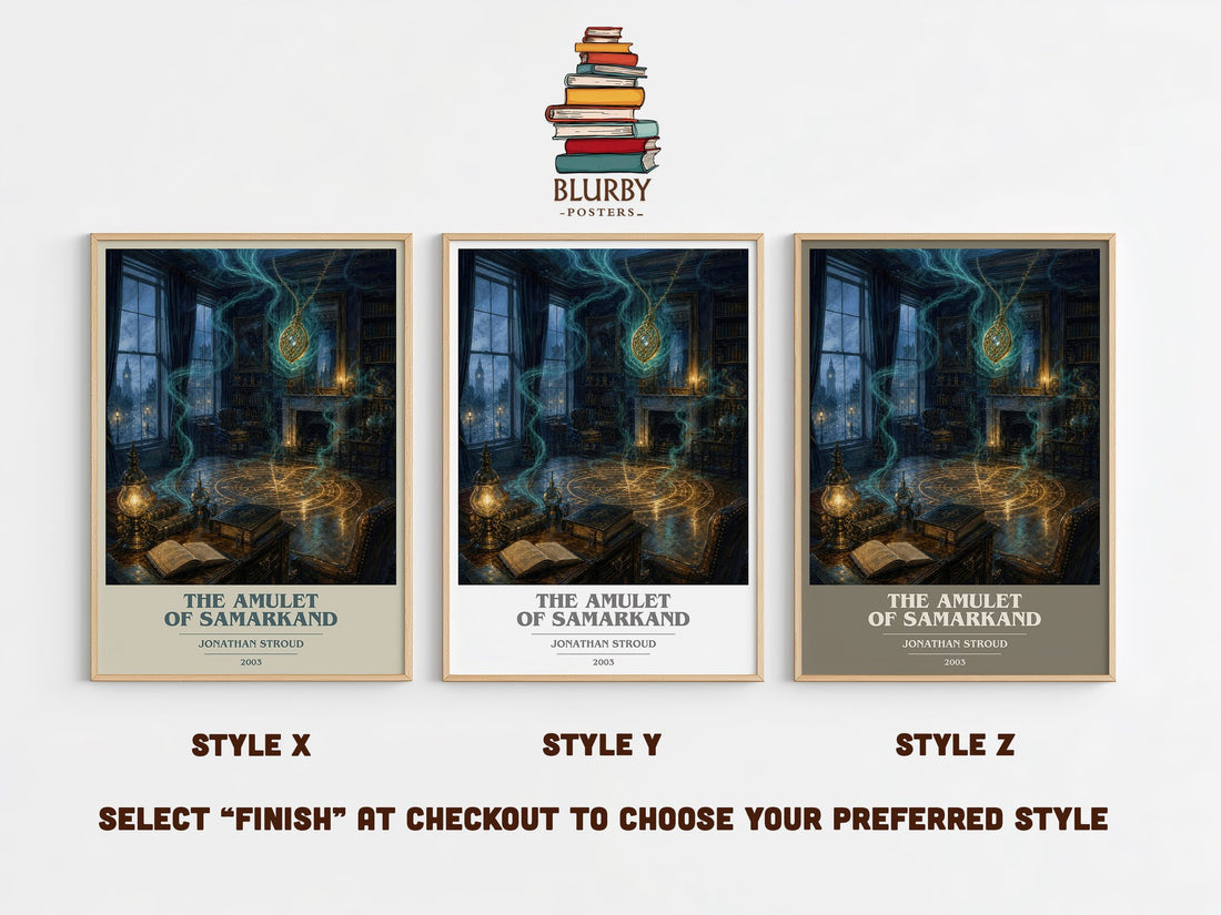 The Amulet of Samarkand book cover print in frame leaning in hallway – fantasy wall art (mockup)