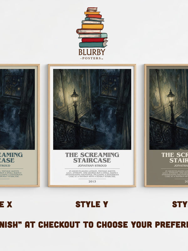 The Screaming Staircase bookish print in frame leaning in hallway – young adult wall art
