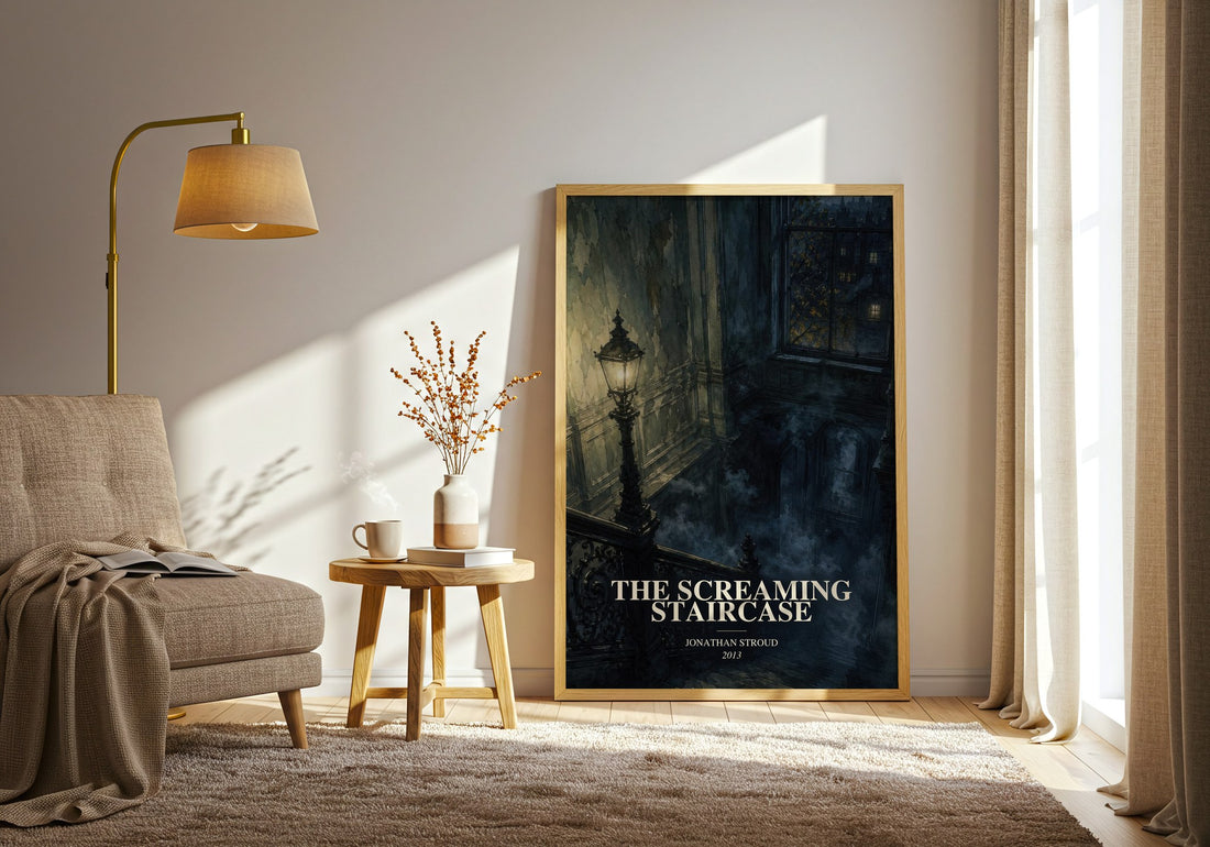 The Screaming Staircase watercolour print in frame leaning in hallway – young adult wall art