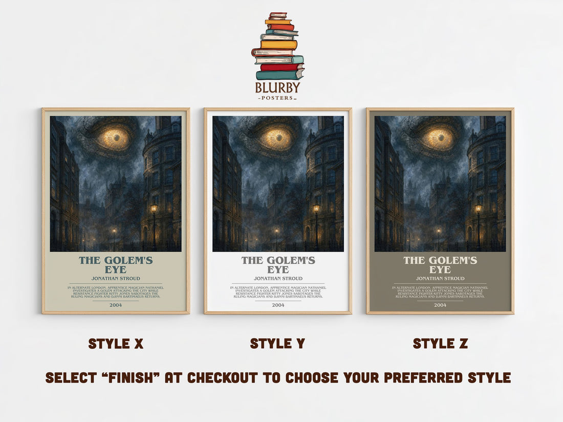 The Golem's Eye bookish print in frame leaning in hallway – fantasy wall art (mockup)