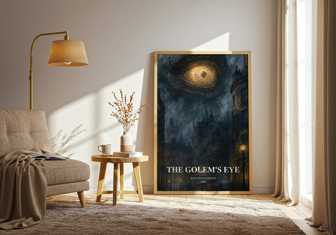 The Golem's Eye watercolour print in frame leaning in hallway – fantasy wall art