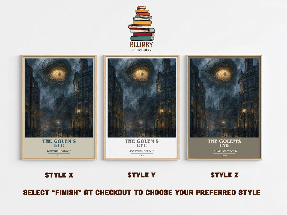 The Golem's Eye book cover print in frame leaning in hallway – fantasy wall art (mockup)