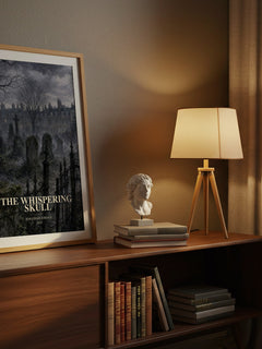 The Whispering Skull watercolour print on bookshelf – Jonathan Stroud fan gift