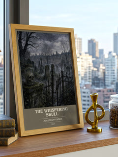 The Whispering Skull book cover print framed by window – literary home decor