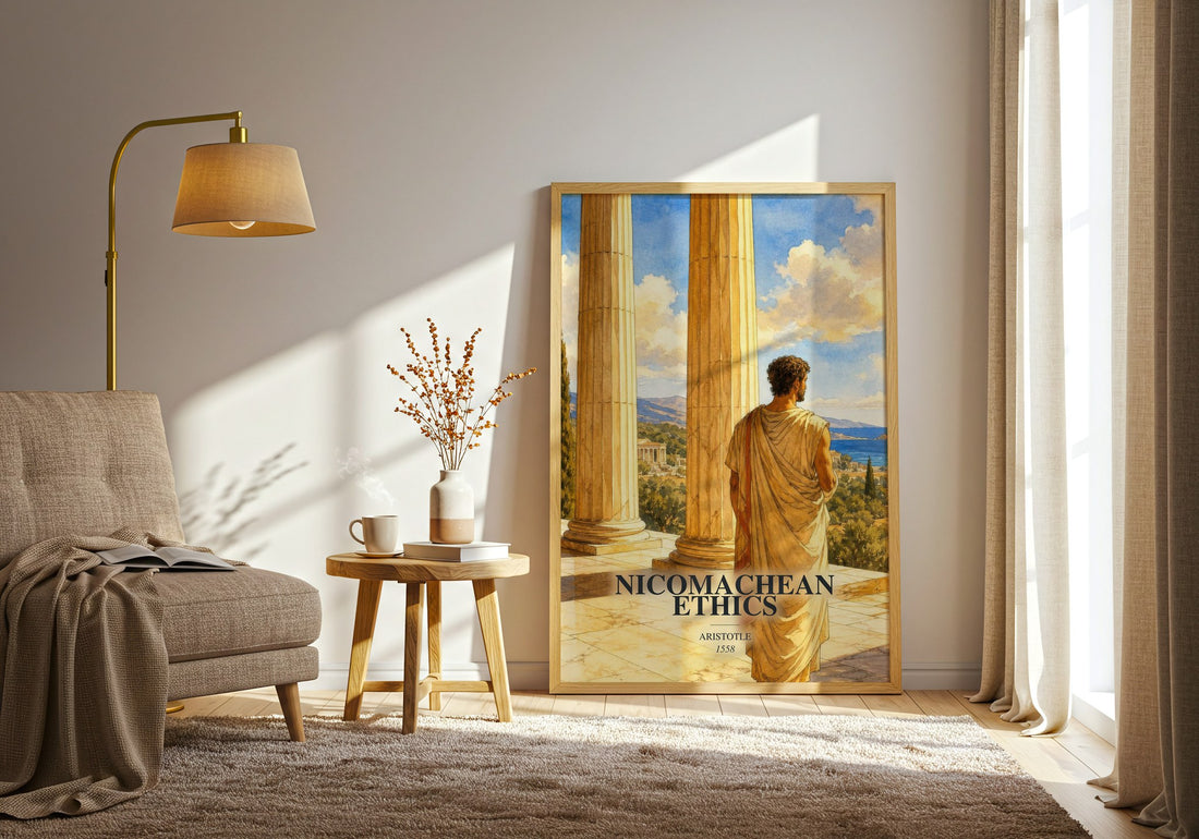 Nicomachean Ethics watercolour print in frame leaning in hallway – philosophy wall art