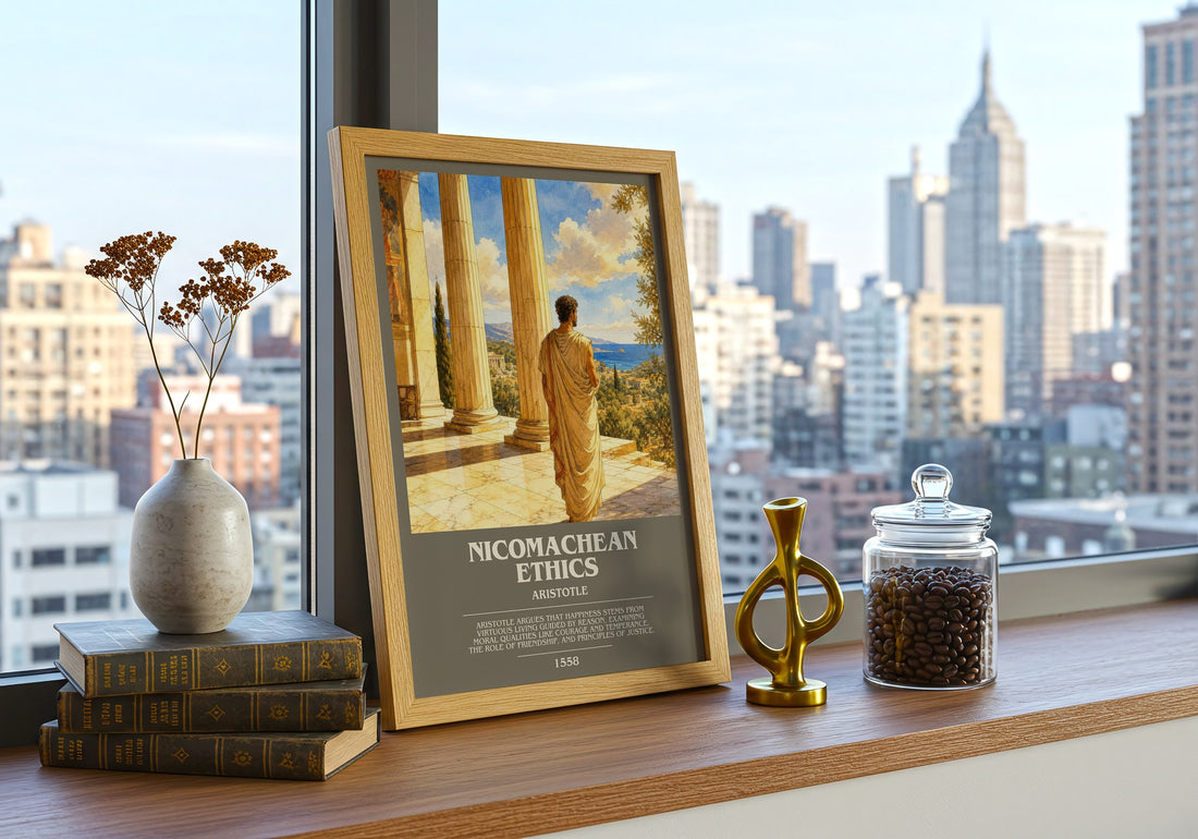 Nicomachean Ethics bookish print framed by window – literary home decor