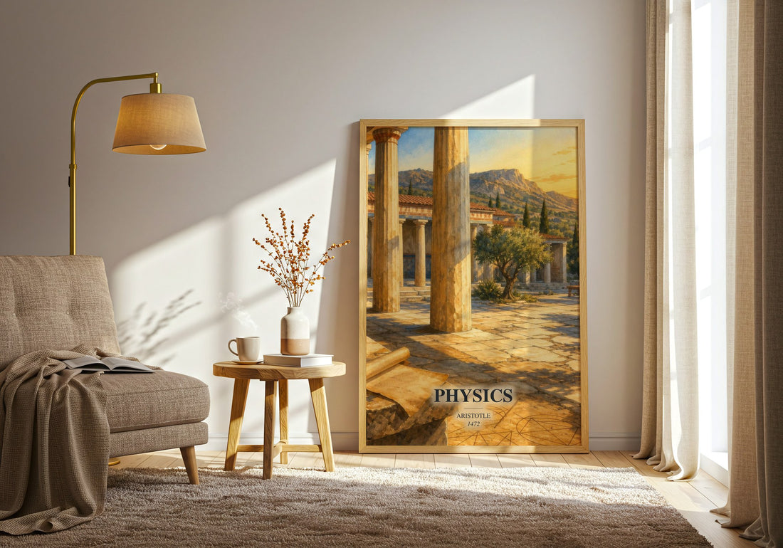 Physics watercolour print in frame leaning in hallway – philosophy wall art