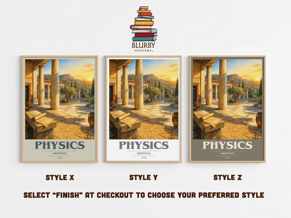 Physics book cover print in frame leaning in hallway – philosophy wall art (mockup)