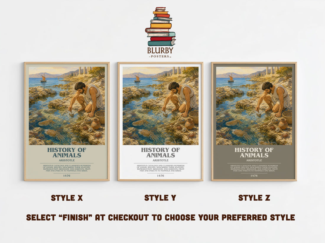 History of Animals bookish print in frame leaning in hallway – philosophy wall art (mockup)