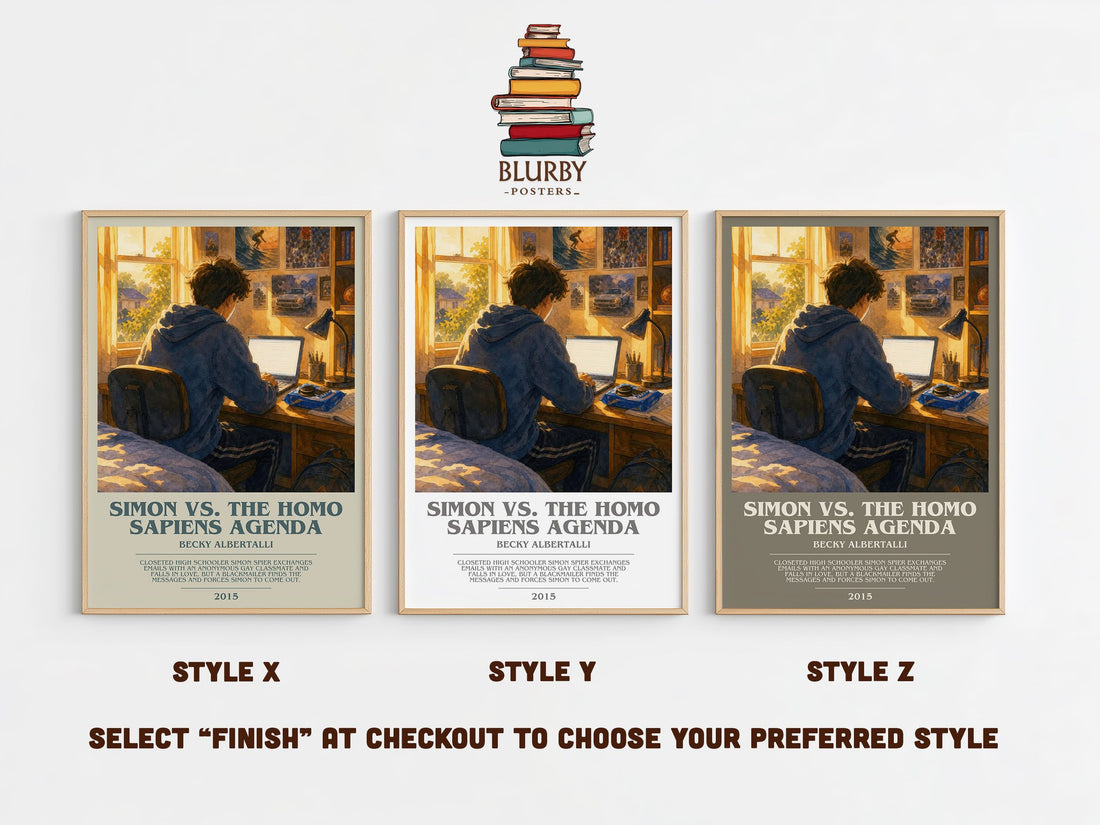 Simon vs. the Homo Sapiens Agenda bookish print in frame leaning in hallway – young adult wall art (mockup)