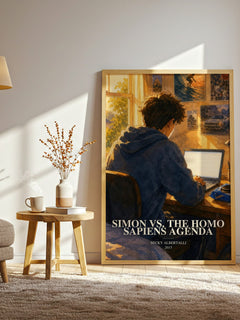 Simon vs. the Homo Sapiens Agenda watercolour print in frame leaning in hallway – young adult wall art
