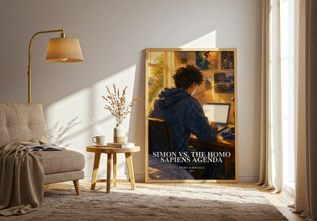 Simon vs. the Homo Sapiens Agenda watercolour print in frame leaning in hallway – young adult wall art