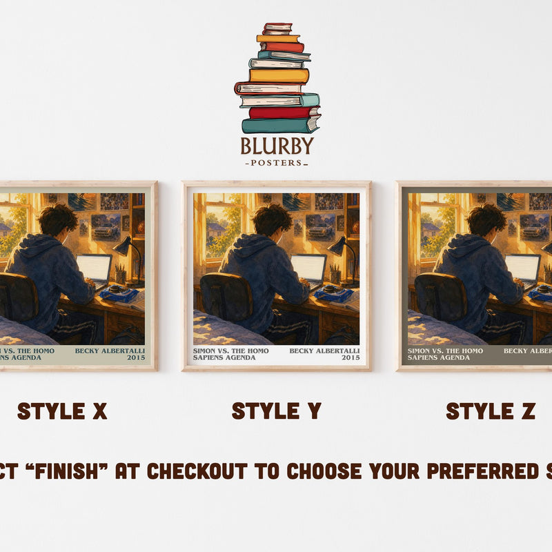 Simon vs. the Homo Sapiens Agenda literary print in frame leaning in hallway – young adult wall art