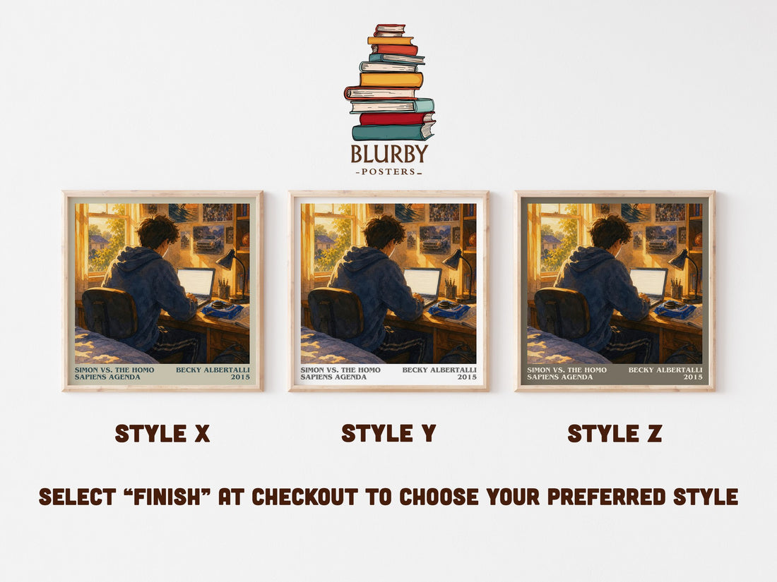 Simon vs. the Homo Sapiens Agenda literary print in frame leaning in hallway – young adult wall art (mockup)