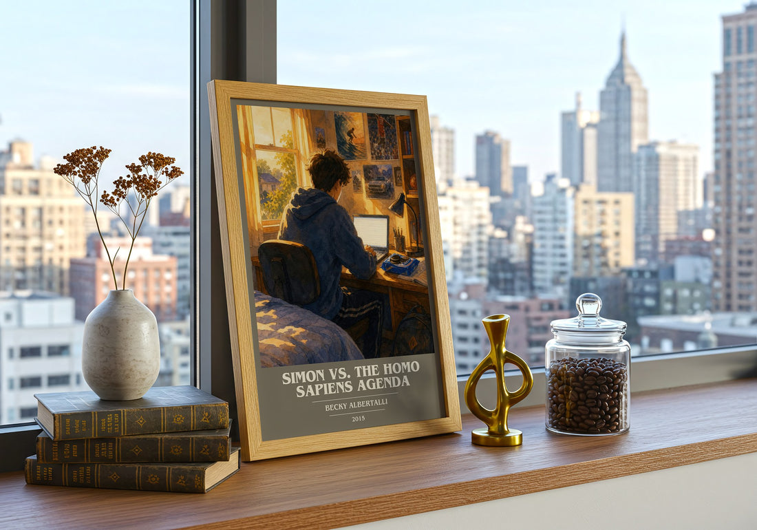 Simon vs. the Homo Sapiens Agenda book cover print framed by window – literary home decor