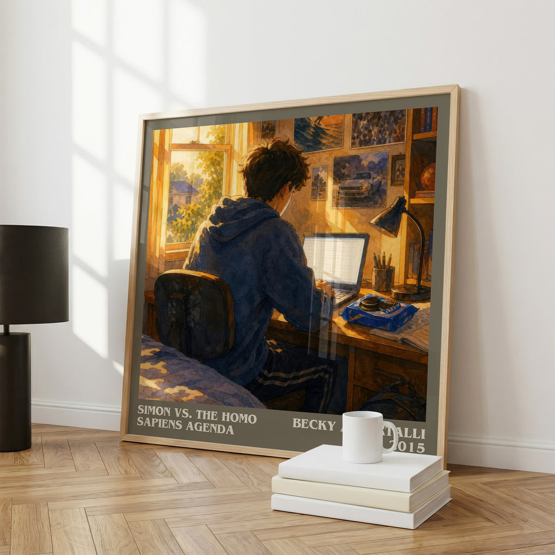 Simon vs. the Homo Sapiens Agenda literary print framed by window – literary home decor