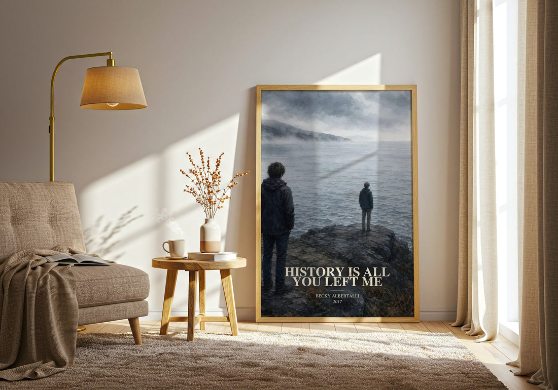 History Is All You Left Me watercolour print in frame leaning in hallway – young adult wall art