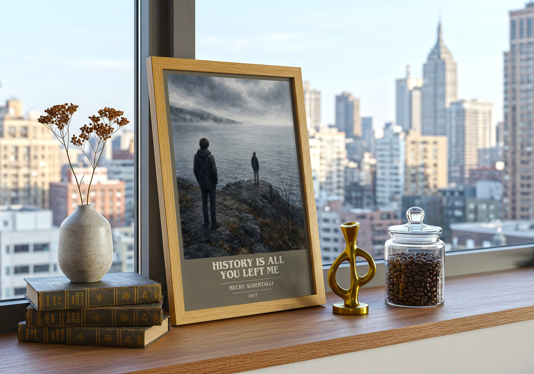 History Is All You Left Me book cover print framed by window – literary home decor